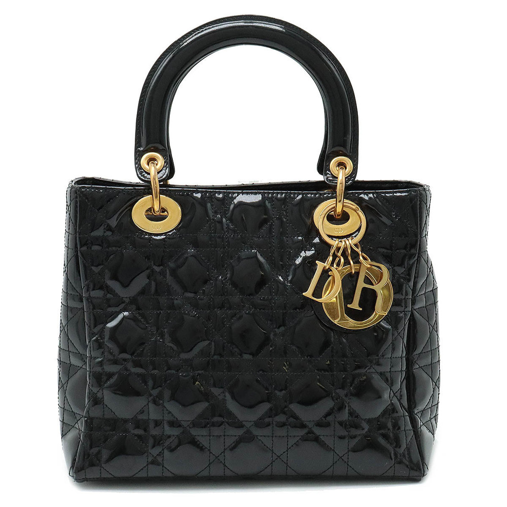 Christian Dior Lady Handbag Enamel Patent Vernis Leather Black